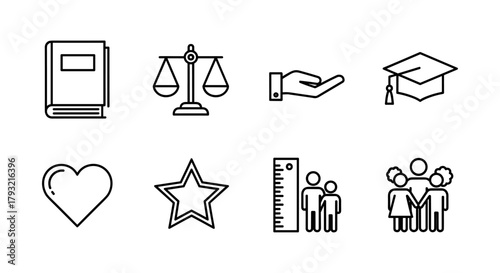 Minimalist education and justice icons: book, scales, and graduation cap