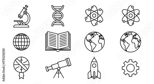 Science and education icons in linear style featuring microscope, dna, atom, globe, and rocket