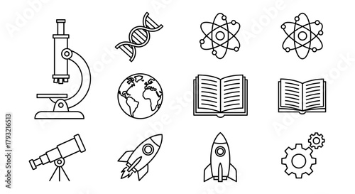 Science and education icons: microscope, dna, atom, telescope, rocket, gears, globe, books