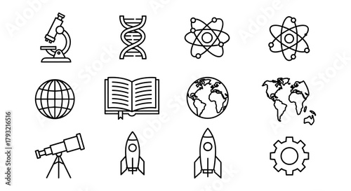 Science and technology icons set featuring linear dna, atom, globe, telescope, rocket, gear, and open book