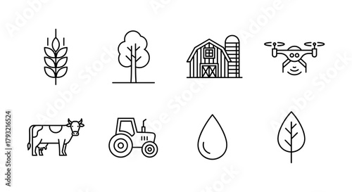 Minimalist farming icons set featuring cow, tractor, barn, and drone with tree and wheat