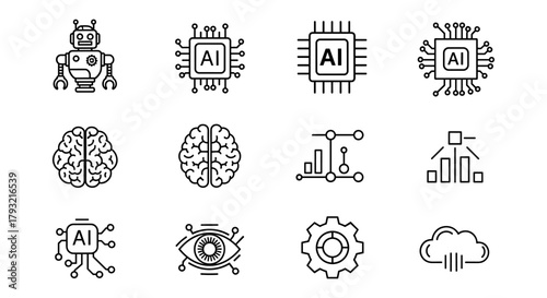 Ai technology icons set featuring robots, chips, and data in linear style
