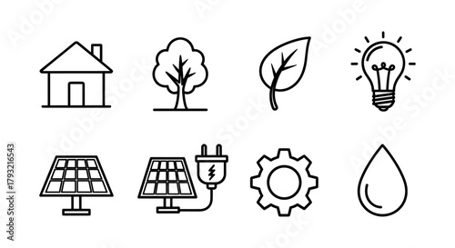 Eco-friendly icons set: minimalist energy and nature symbols in linear style