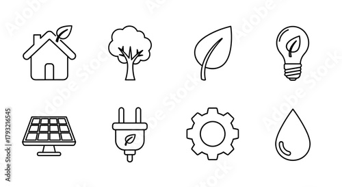Eco-friendly linear icons: renewable energy and sustainable environment symbols