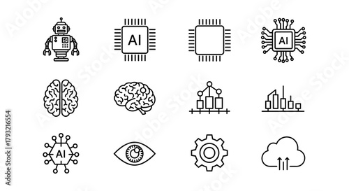 Futuristic ai and robotics icons in minimalistic linear style