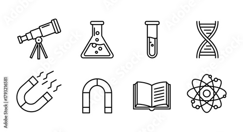 Science icons collection: telescope, beaker, test tube, and dna in linear style