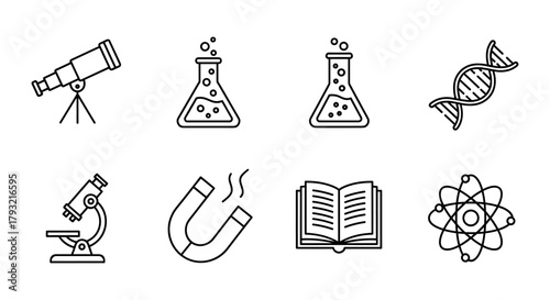 Science icons set: telescope, microscope, dna, atom, magnet, book, beaker in linear style