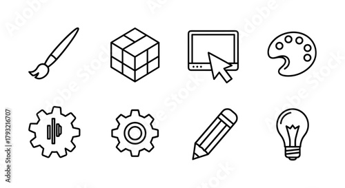 Creative tools icons: art, design, and innovation in linear style