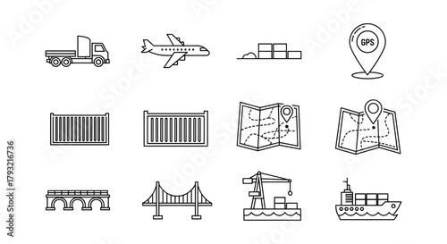 Transportation and logistics icons set with map, ship, truck, and plane in linear style