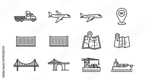 Linear transportation and logistics icons featuring trucks, planes, ships, and gps