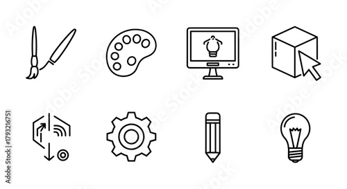 Linear art tools icons: brush, palette, computer, cube, gear, pencil, lightbulb