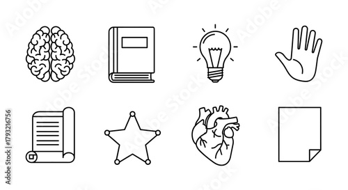Set of minimalist line icons featuring brain, book, light bulb, hand, scroll, star, heart, and paper