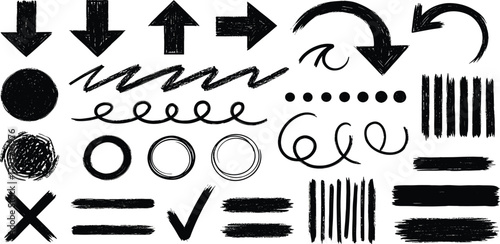 Collection of diverse hand-drawn arrow and graphic elements on a white background