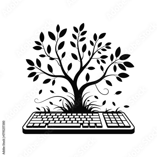 Black silhouette of a tree growing from a computer keyboard technology nature