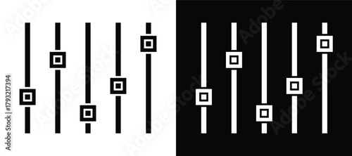 Minimalist control panel icon with vertical sliders in black and white design, modern adjustment settings interface symbol, creative balance and sound equalizer concept illustration.