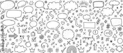 Set of hand-drawn speech bubbles, thought bubbles, and decorative elements for creative design and communication