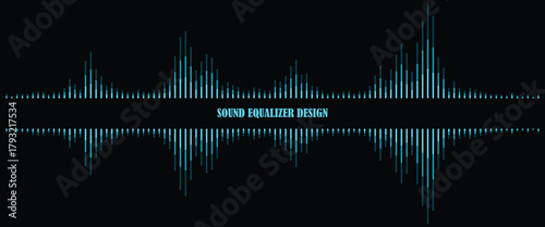 Digital sound wave equalizer vector with glowing blue frequency bars on dark background, modern audio spectrum visualization, music waveform technology design for recording and media interface.