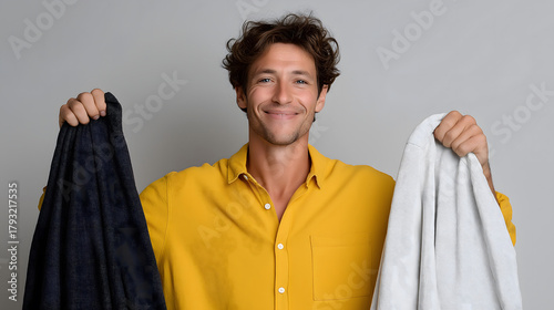 Cheerful man in yellow shirt choosing between black and white clothes, fashion and lifestyle concept