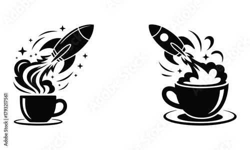 Black silhouette of rockets launching from coffee cups on white background vector illustration