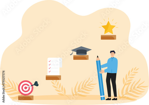 career planning and steps to develop career growth plans and opportunities and professional achievement or business success, entrepreneurial planning steps to success in work and career path.
