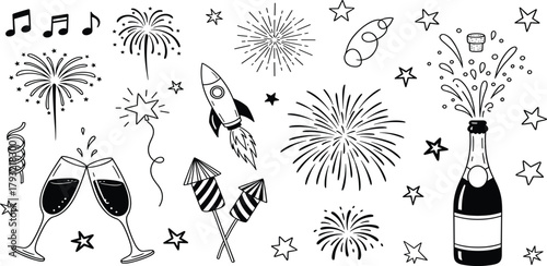 Festive celebration icons including champagne, fireworks, rockets, and music notes for a joyous occasion