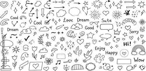 Hand-drawn doodle set of various symbols, arrows, hearts, stars, and speech bubbles for creative design