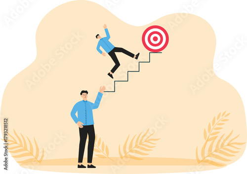 motivating employees or the team to move forward to achieve targets, guiding coworkers to achieve goals motivation, businessman boss talking with megaphone to move team forward.
