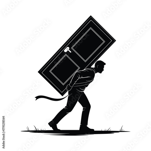 Silhouette of a Man Carrying a Large Door on His Shoulders with a Ribbon and Grass Keywords: man, silhouette, carrying, door, burden, weight, responsibility, challenge, struggle, effort