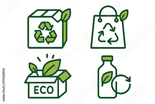 Icons representing eco-friendly packaging and recycling concepts.