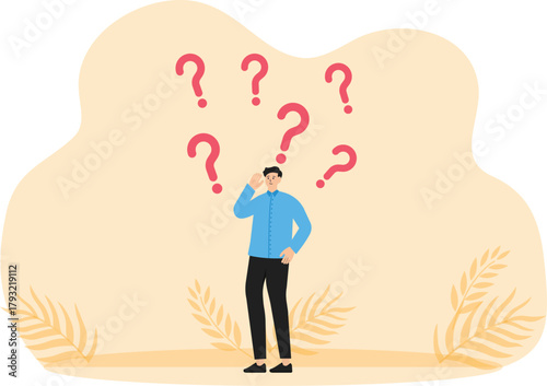 stress or anxiety due to business difficulties, Frustration or depression from complex problems at work. businessman with head full of messy question marks.
