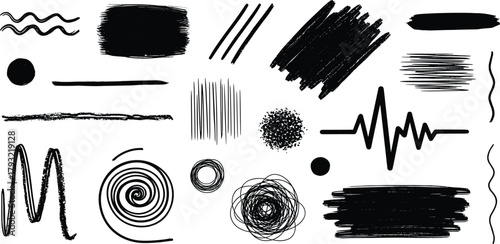 A collection of diverse hand-drawn black brush strokes, lines, scribbles, and doodles on a white background, perfect for graphic design elements