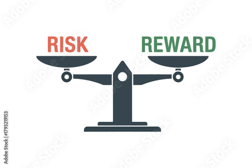 Illustration of a balance scale with risk and reward on either side text