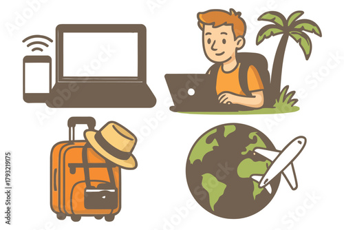 A person works remotely on a laptop with travel items.