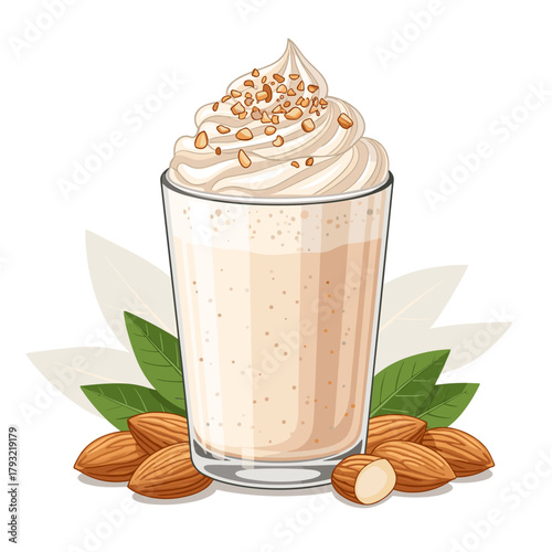 Almond milk smoothie with almonds and leaves, vector illustration, healthy drink concept