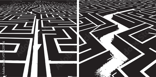 Graphic Black and White Maze Design with Solved and Creative Paths