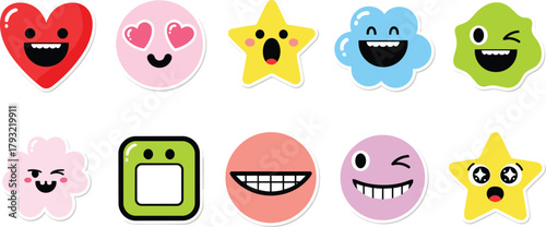 A diverse set of cute and expressive emoji-style characters featuring happy, surprised, and winking expressions, ideal for digital communication, app stickers, and playful graphic design projects