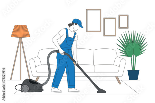 Professional cleaner vacuuming carpet in a bright, modern living room.