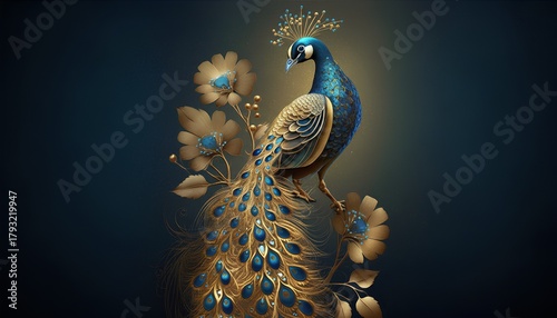 gold glow abstract fractal golden legendary bird Modern Art Golden Peacock. oriental luxury style Generative AI	