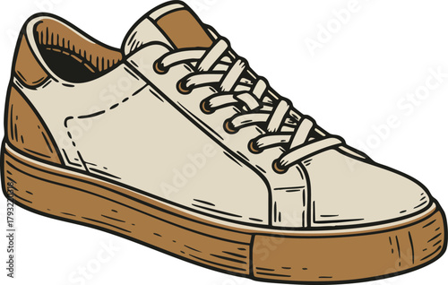 Casual sneaker shoe design with brown sole and beige upper in detailed vector illustration style 