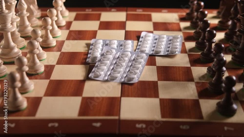 Blister packs of white pills on a chess board with chess pieces. Strategic thinking in health and medicine. Medical treatment concept.