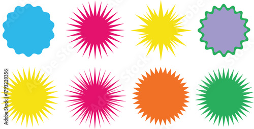 Vector collection of colorful starburst and sunburst shapes, ideal for promotional stickers, labels, and badges