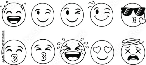 Diverse collection of hand-drawn black and white emoji icons showcasing a wide range of facial expressions, emotions, and communication moods for digital use
