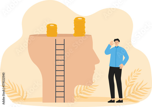 overcoming your limits and out of mind. Go beyond learning. Achieving success looking for new challenges. Businessman ladder from giant head.

