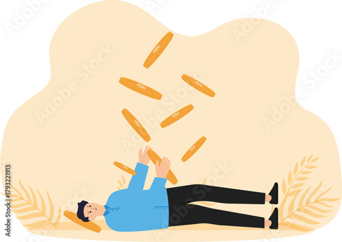 cost and expense problem concept, financial mistake lose money, investment risk or trade failure debt and loan, businessman fall on floor lost all money dollar coin.
