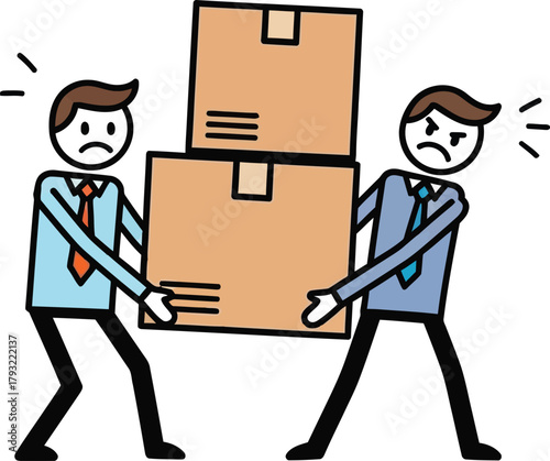 Two cartoon businessmen struggling to carry a heavy stack of cardboard boxes together illustrating teamwork and effort