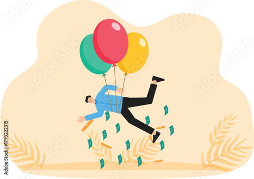 Personal inflationary crisis and Investment risks and bad debt conditions. Damage from the inflation crisis. household debt crisis, Businessman tied to bubble with hot air balloon
