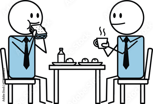 Two simple stick figure businessmen in suits enjoying a casual breakfast meeting at a table with food and drinks