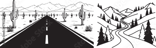 Desert road and mountain highway vector illustrations