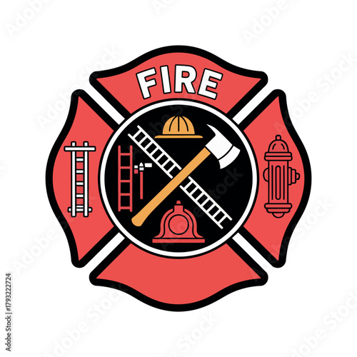 A Maltese cross symbol with the word FIRE at the top, representing firefighters and emergency services.