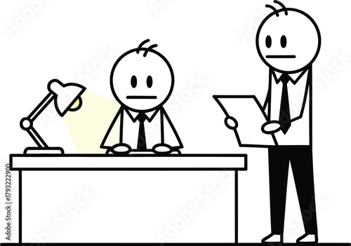 A stick figure employee sits at a desk with a lamp while a stick figure manager stands holding a document looking concerned